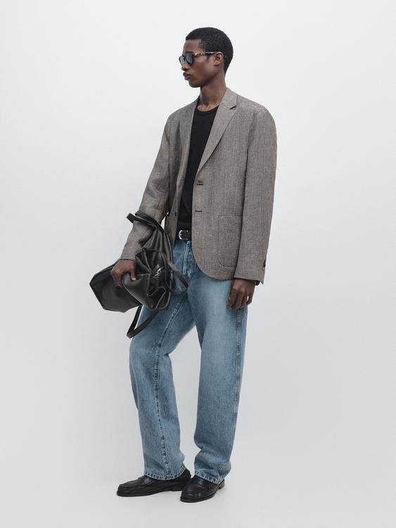 Tailored linen blend herringbone blazer