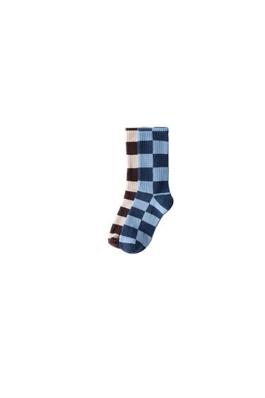 Zara TWO-PACK OF CHECKERBOARD LONG SOCKS - Brown-Blue
