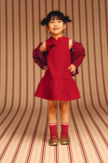 콘트라스트 리본 텍스처 원피스 - Zara 레드