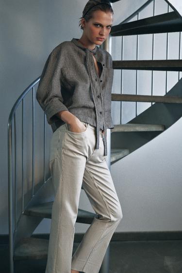 Zara ZW COLLECTION MID-RISE BOOTCUT CROPPED FLARE JEANS - Ecru / Marl