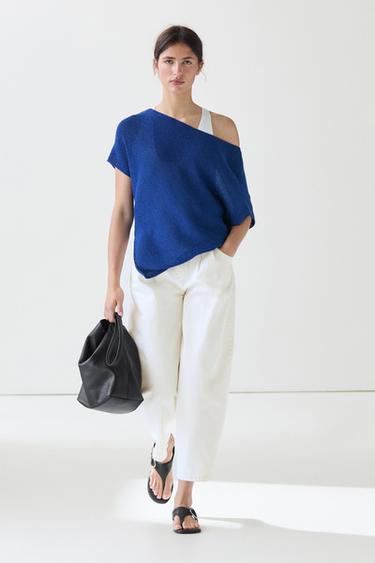 Zara Asymmetric short sleeve linen T-shirt - Bluish - Image 0