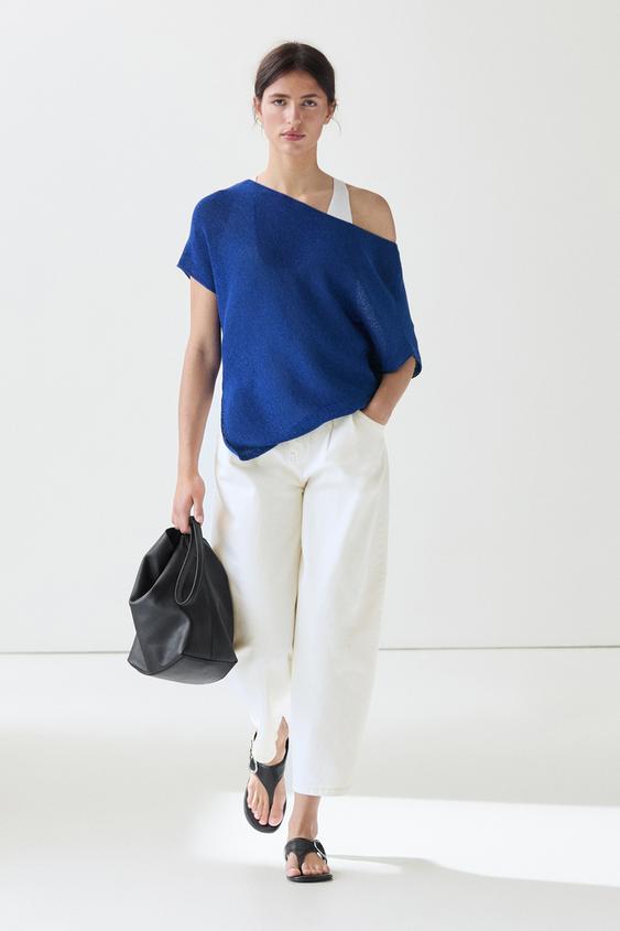 Asymmetric short sleeve linen T-shirt from Zara - $100