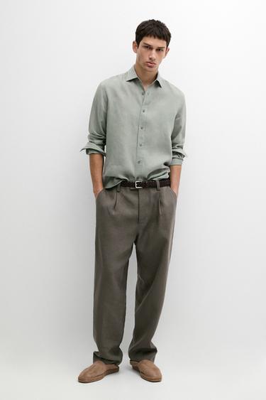 Zara Slim fit 100% linen shirt - Moss green - Image 0