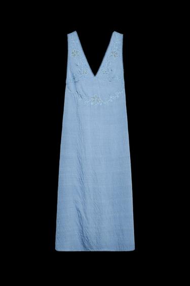 Zara EMBROIDERED MIDI DRESS - Blue - Image 0