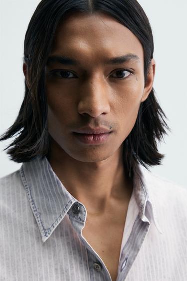 CHEMISE RELAXED FIT LAVÉE À RAYURES - Bleu de Zara - Image 4