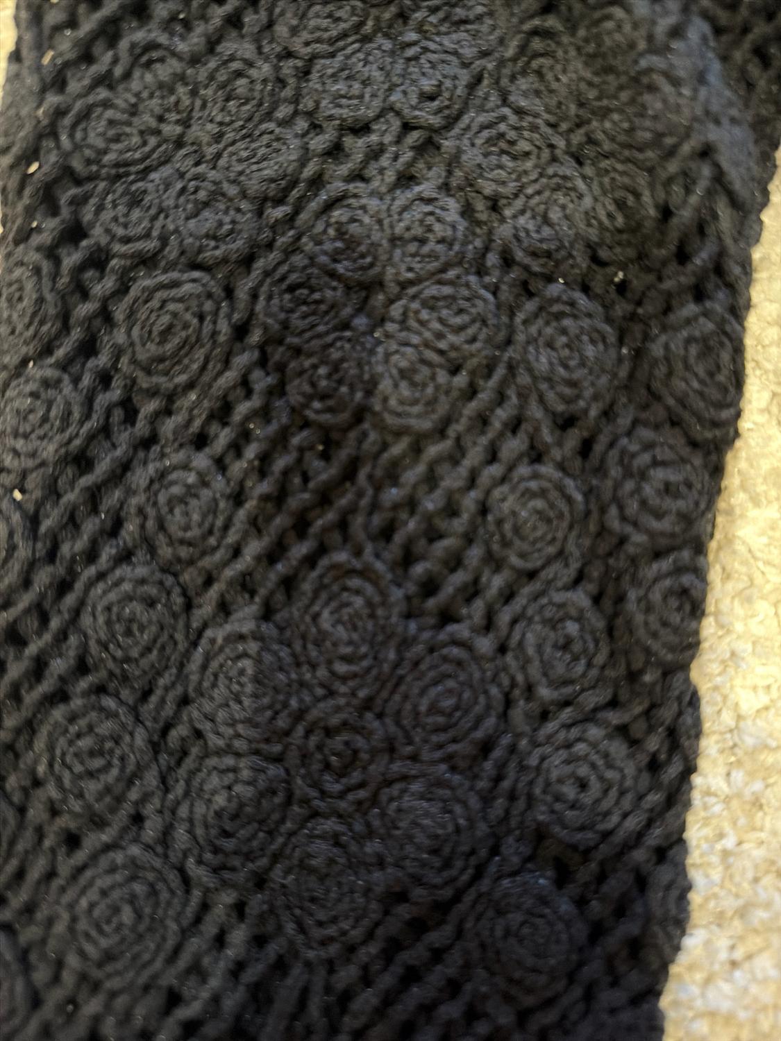 Close-up detail of a black openwork fabric with a raised floral pattern, against a light background.