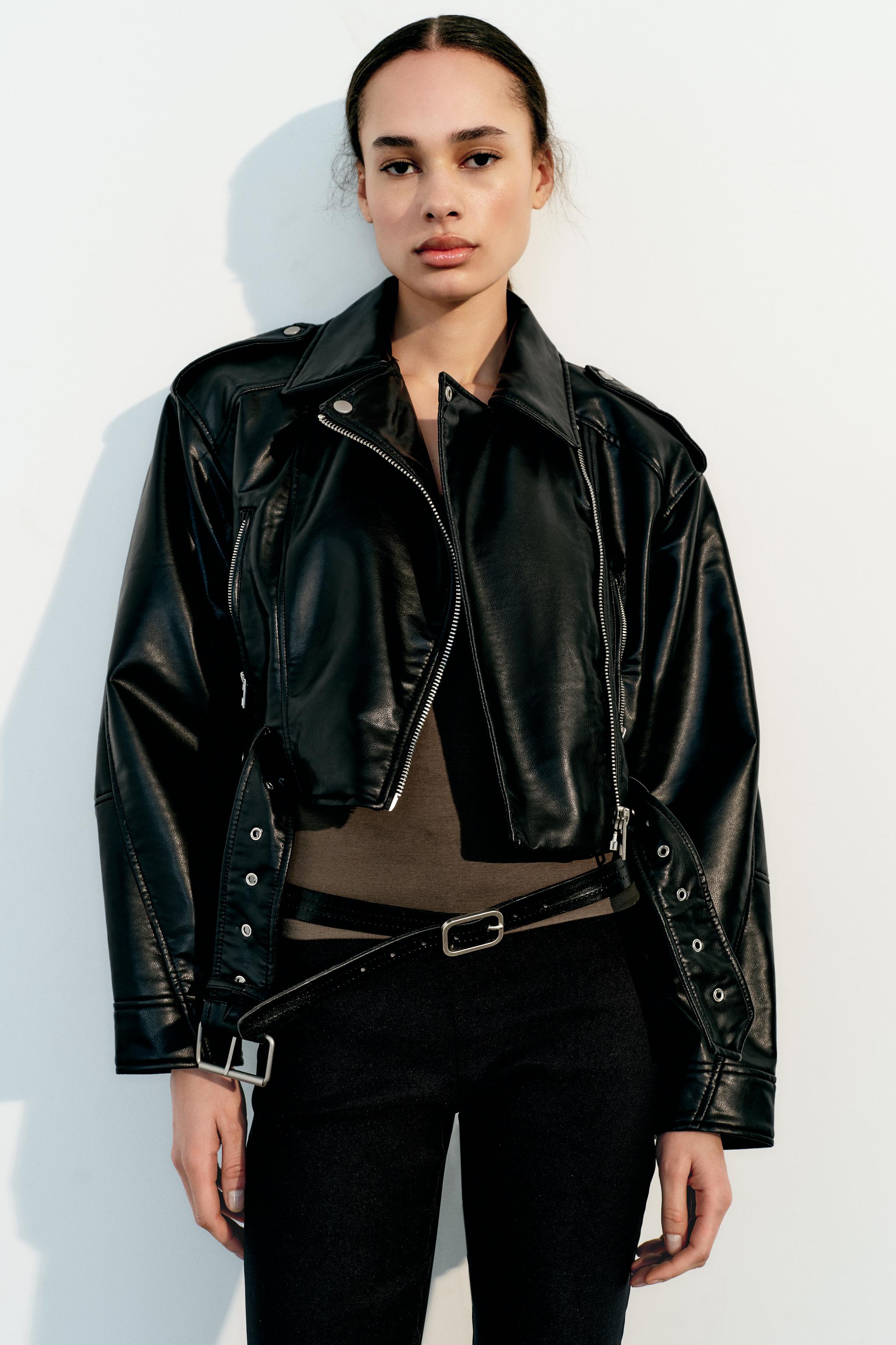 Zara Women Medium Black Tank Leather Faux Leather Cut Out Crop Top Blouse  B13