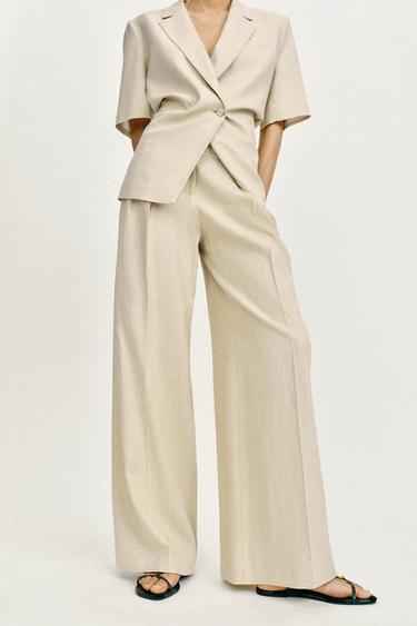 LINEN BLEND WIDE-LEG TROUSERS - Light beige by Zara - Image 1