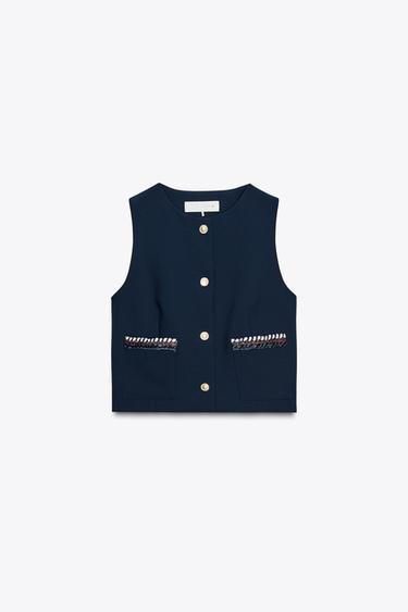 Zara FANCY TRIM VEST - Navy blue