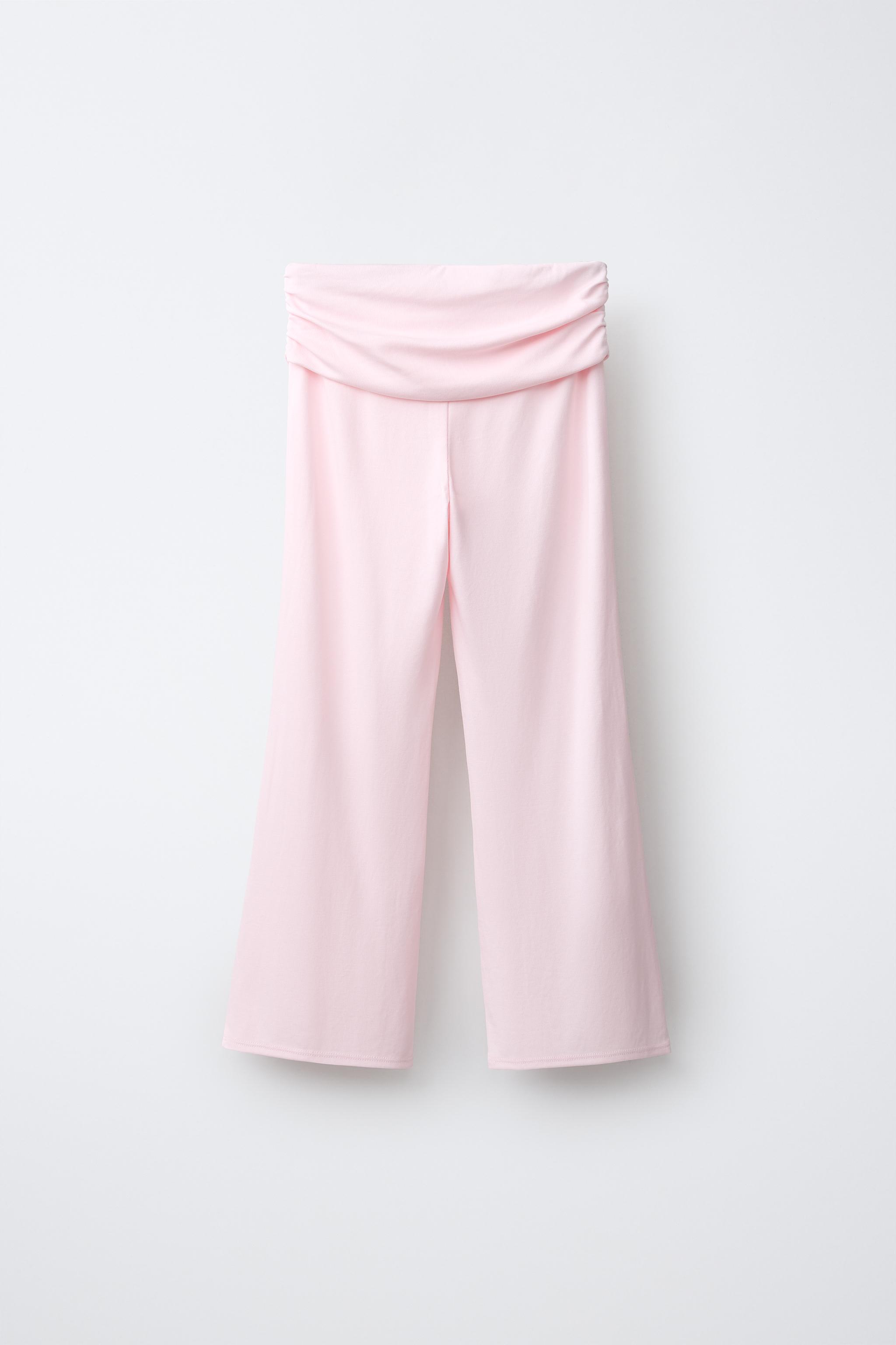 FLARE PANTS WITH TURN-UP AND GATHERING — Pastel pink