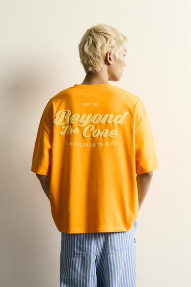Zara RELAXED FIT EMBROIDERED T-SHIRT - Orange
