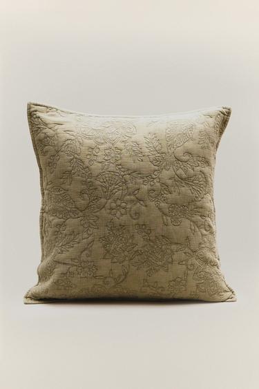FLORAL EMBROIDERED COTTON CUSHION COVER - Green by Zara