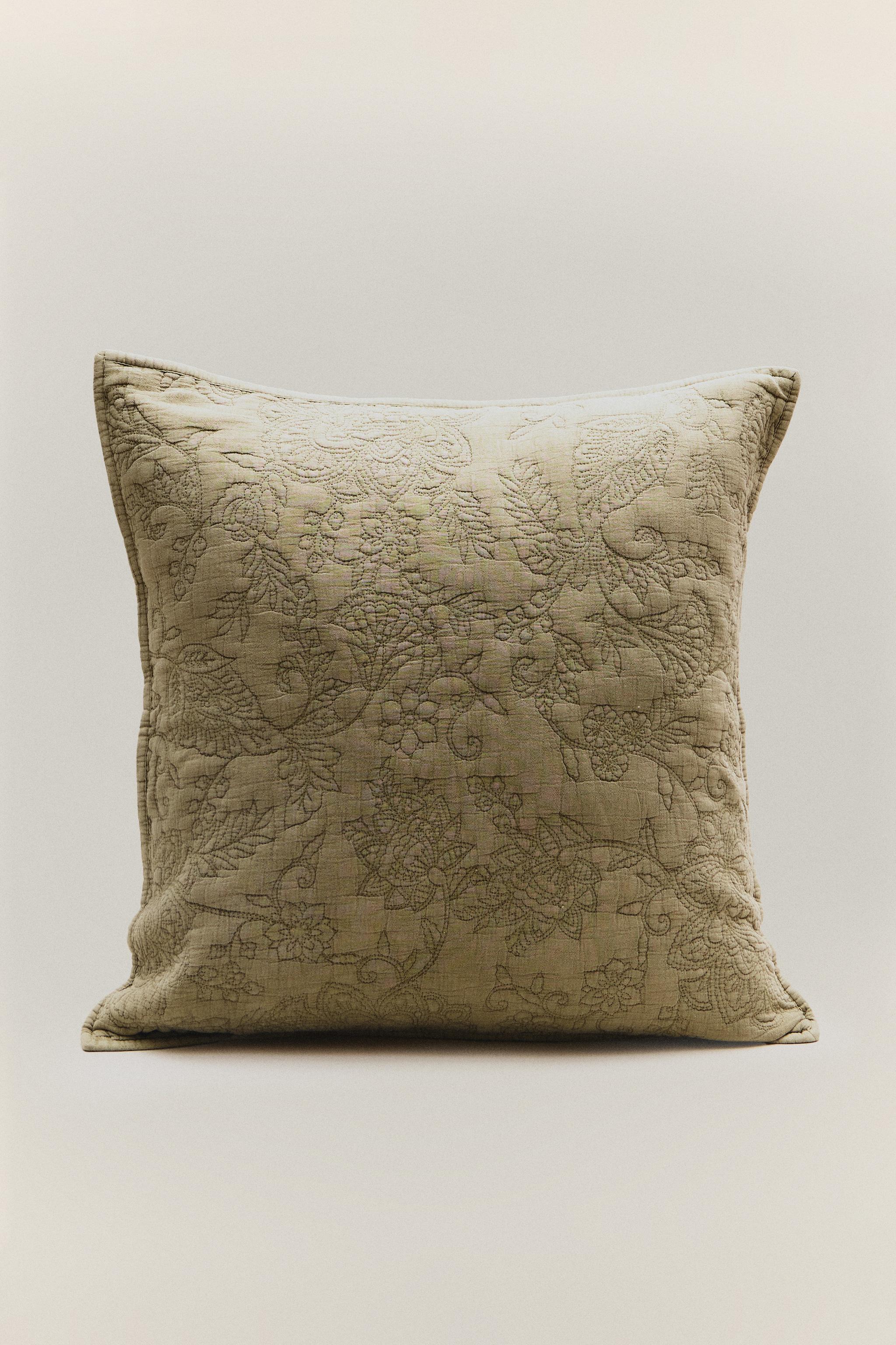 FLORAL EMBROIDERED COTTON THROW PILLOW COVER