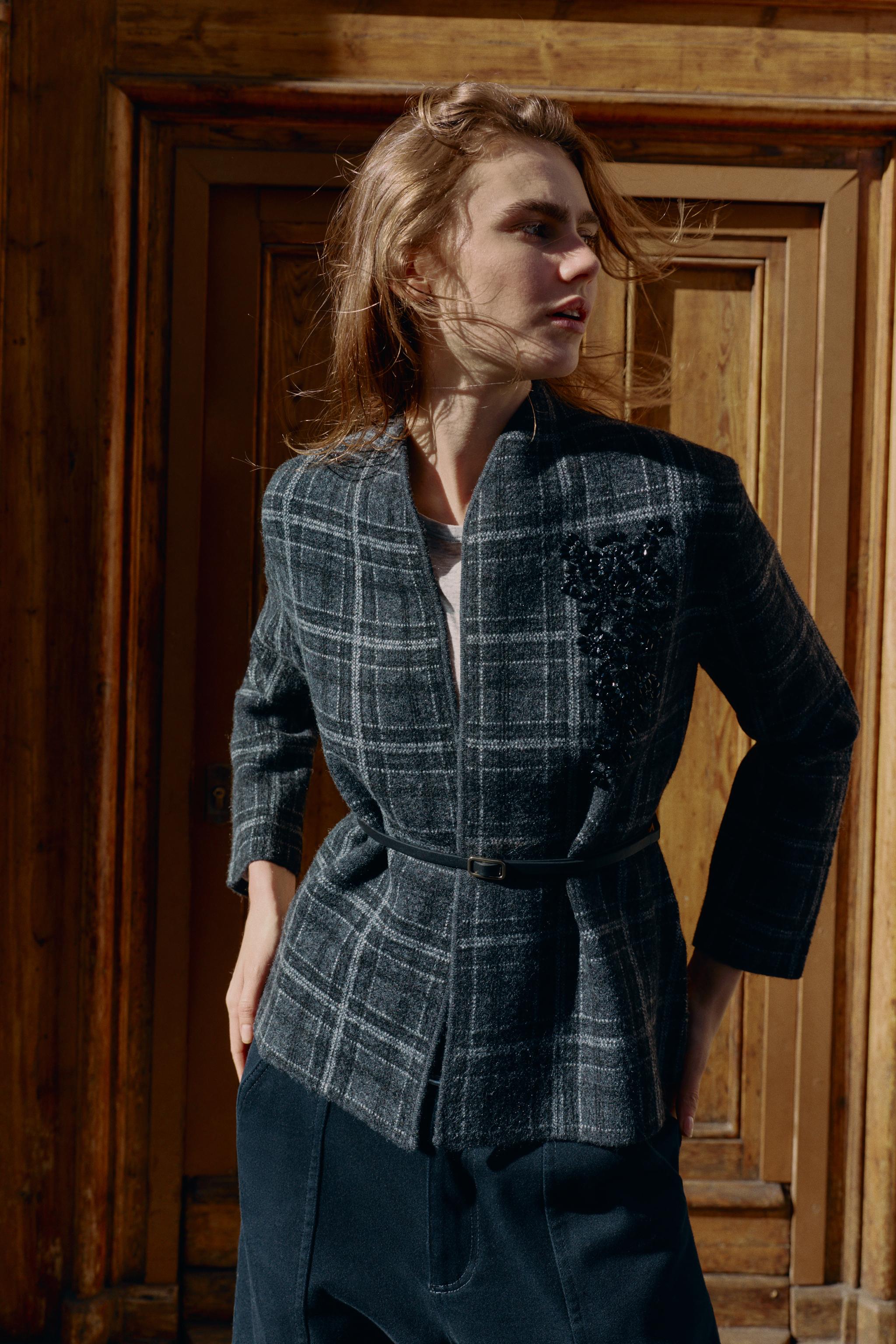 チェック柄ニットカーディガン - グレー | ZARA Japan / 日本