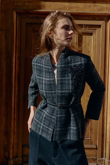 CHECK KNIT CARDIGAN WITH BELT - Grey by Zara