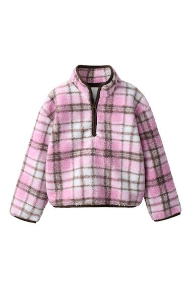 SUDADERA BORREGUILLO CUADROS - Rosa flúor de Zara