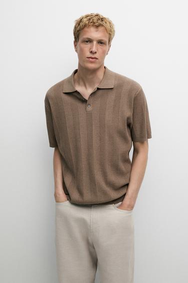 Zara 100% cotton textured striped knit polo shirt - Light khaki
