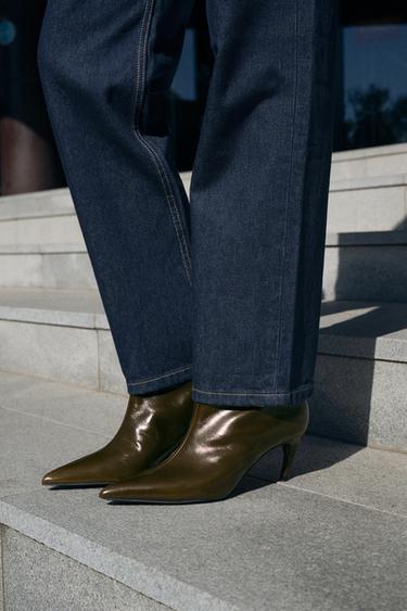 LEATHER CURVED HEEL ANKLE BOOTS - Green by Zara - Image 0