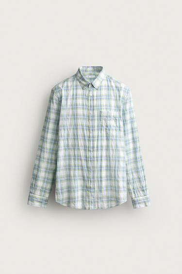 CAMISA REGULAR FIT CUADROS EFECTO ARRUGADO - Verde / Azul de Zara