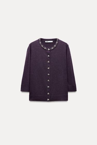 BEADED RHINESTONE KNIT CARDIGAN - Plum by Zara