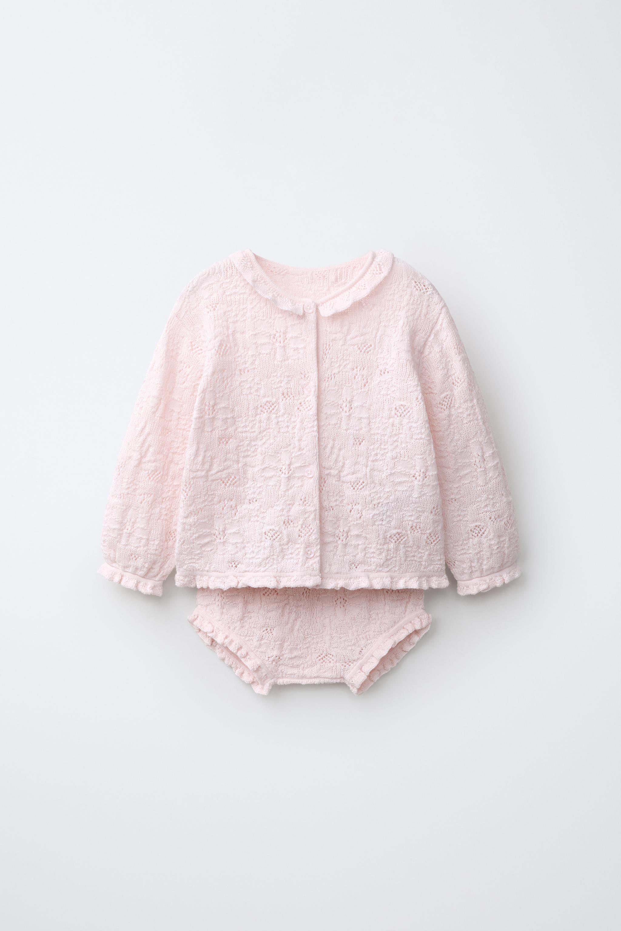 COTTON-SILK KNIT JACKET AND BLOOMERS SET — Pastel pink