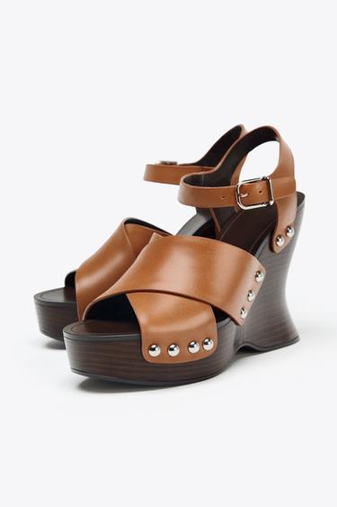 LEATHER STUDDED WEDGES - Brown by Zara - Image 2