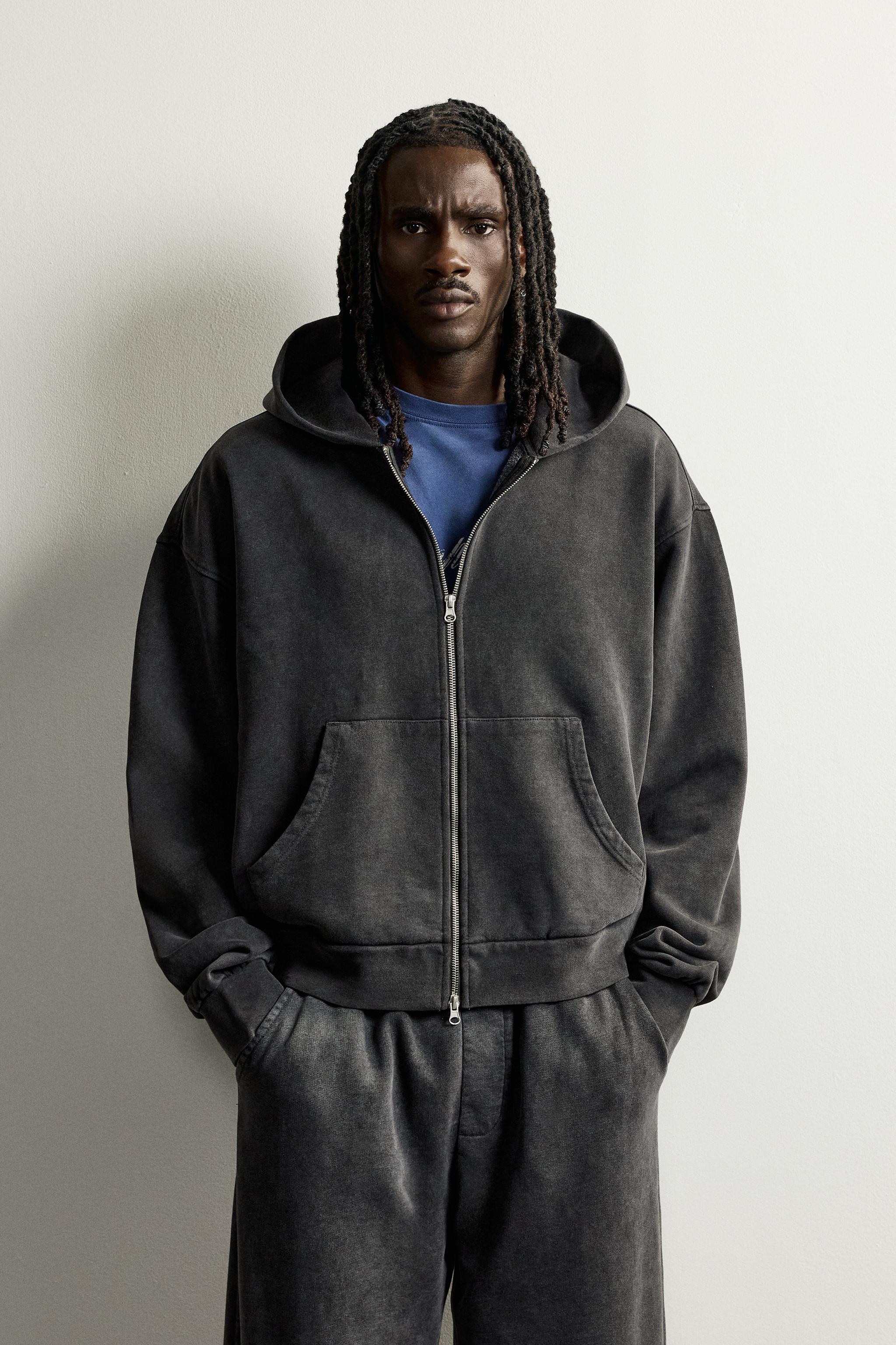 BASIC BOXY FIT ZIP-UP HOODIE — Dark anthracite
