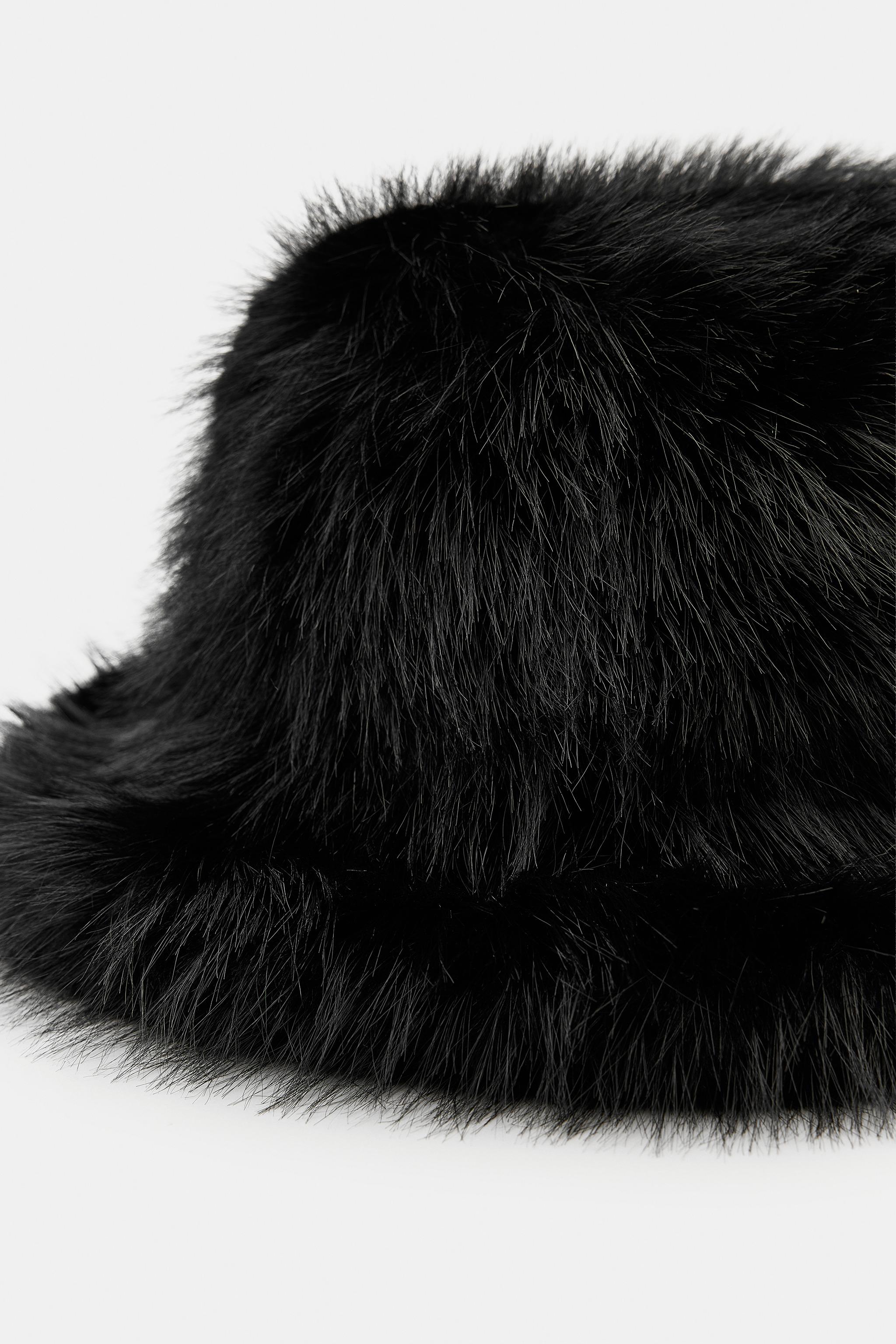 Zara Black Shearling-Trim Bucket Hat - Women Medium ZARA Denim Faux Fur Bucket Hat Like new | Mercari main image 3