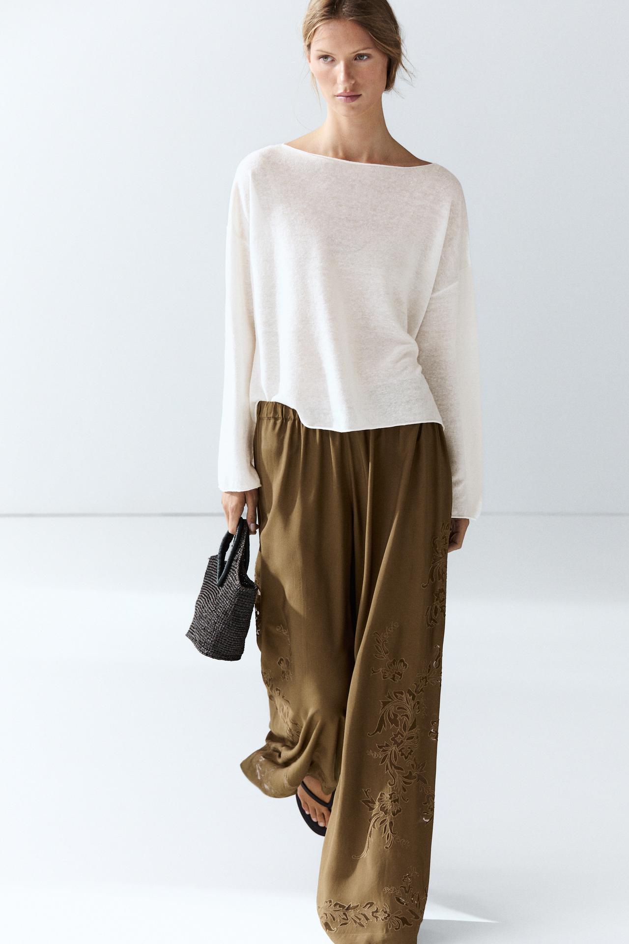 Flowing wide-leg pants with embroidery details — Khaki
