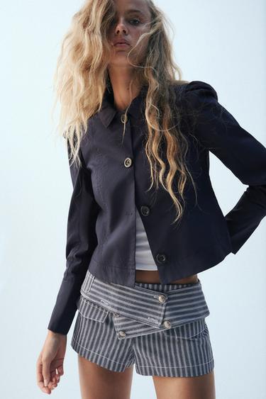 Zara GATHERED SHOULDER CROPPED BLAZER - Blue