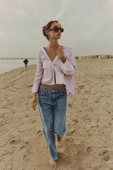 РУБАШКА ИЗ СМЕСОВОГО ЛЬНА СВОБОДНОГО КРОЯ — Розовый / Белый от Zara