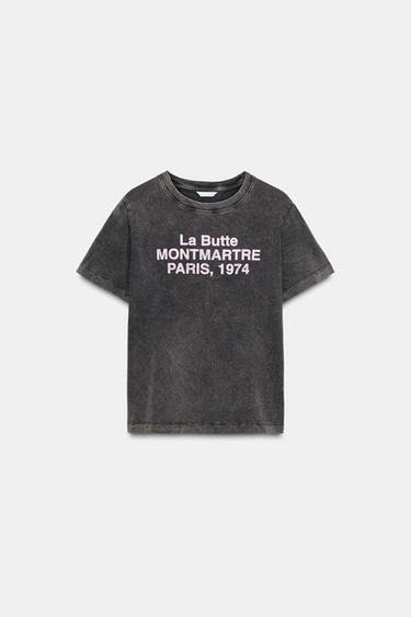 Zara WASHED EFFECT FRONT TEXT T-SHIRT - Anthracite grey