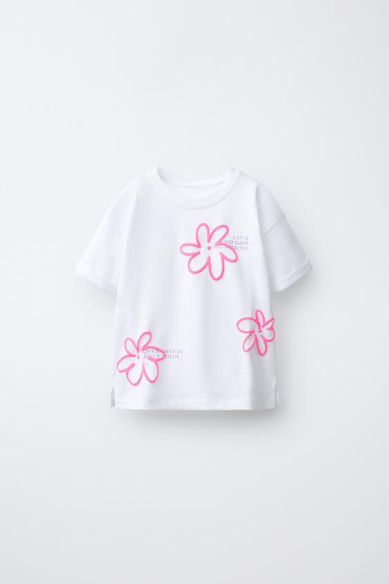 CAMISETA ESTAMPADA FLORES RELIEVE - Blanco de Zara - Imagen 0