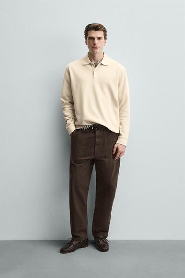 STRIPED TEXTURED POLO SHIRT - Oyster-white by Zara