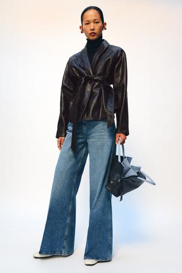 LEATHER EFFECT BELTED JACKET ZW COLLECTION - Dark brown by Zara