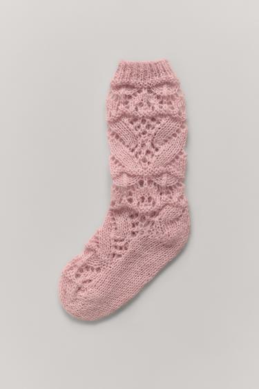 جورب محبوك سميك من الصوف والألبكة - وردي مغبر by Zara