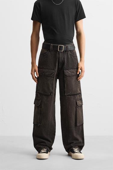 CALÇA DENIM CARGO COM BOLSOS - Marrom-escuro da Zara