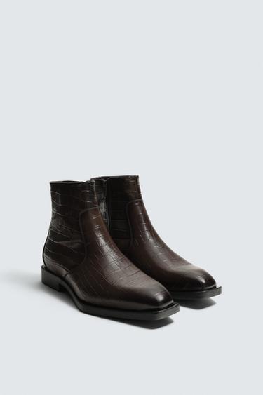 CROCODILE EMBOSSED LEATHER BOOTS - Burgundy Red by Zara