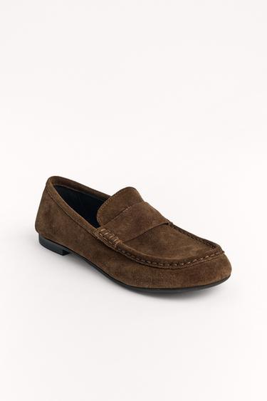 Zara SUEDE PENNY LOAFERS - Brown