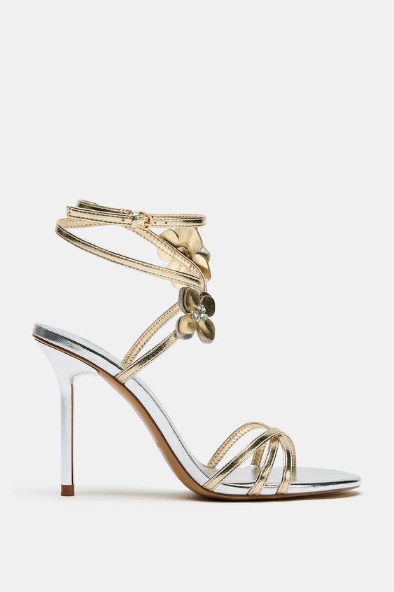 METALLIC HIGH-HEEL SANDALS WITH APPLIQUÉS - Gold by Zara - Image 0