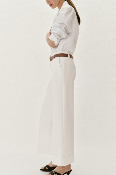 TROUSERS WITH TURN-UP CUFFS AND BELT - White by Zara - Image 4