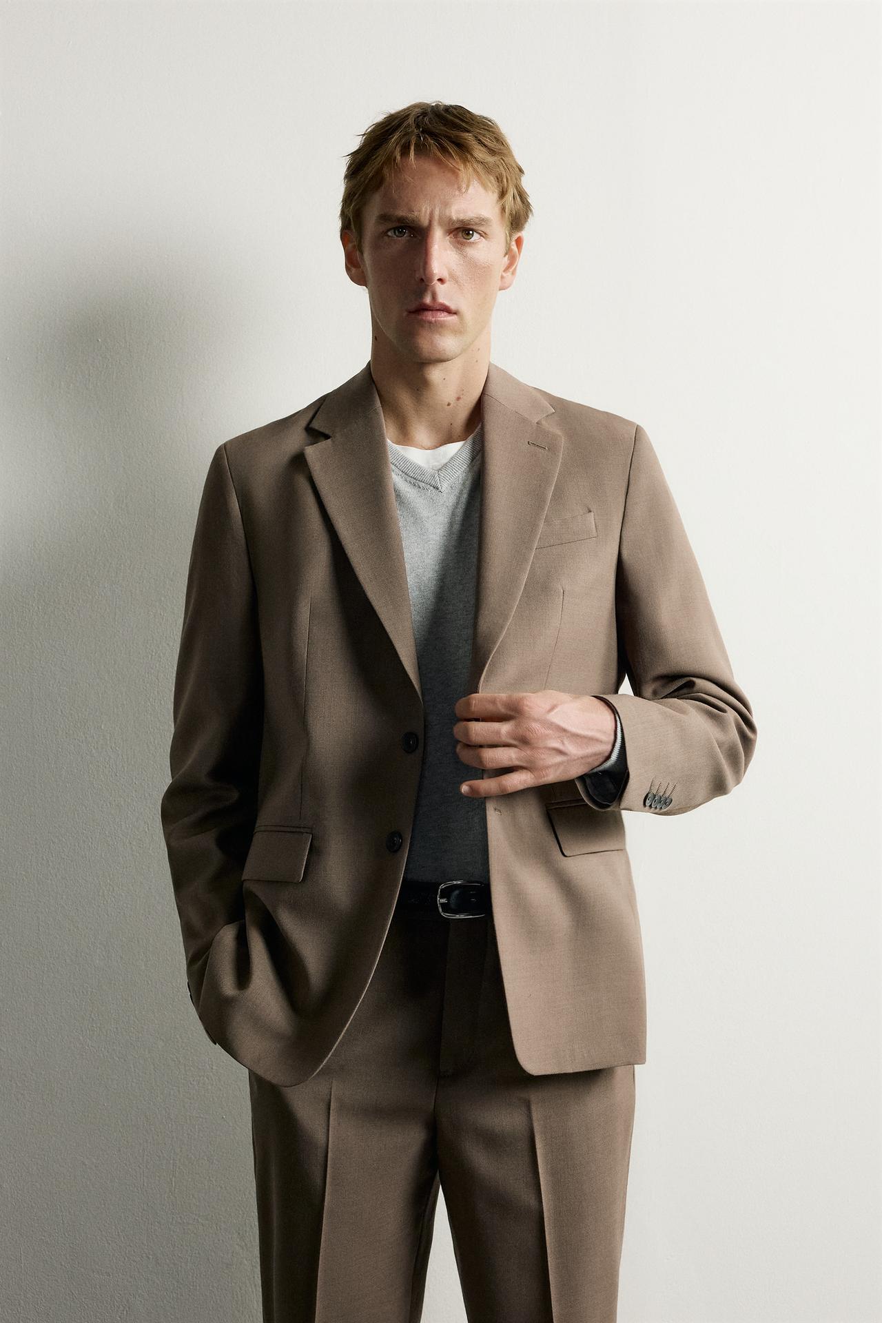 REGULAR FIT SUIT BLAZER — taupe brown