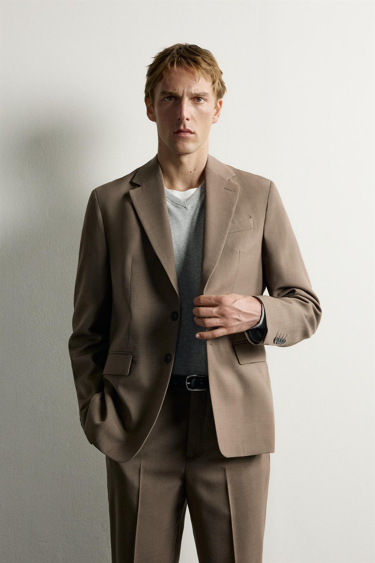 Мужской пиджак Zara Regular Fit Suit Blazer, цвет: Серо-коричневый коричневый — фото 2