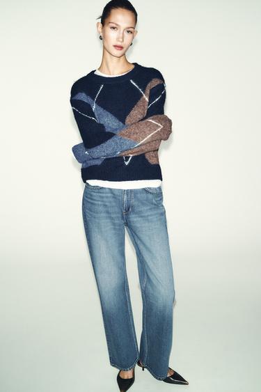 Zara DIAMOND KNIT JUMPER - Navy blue