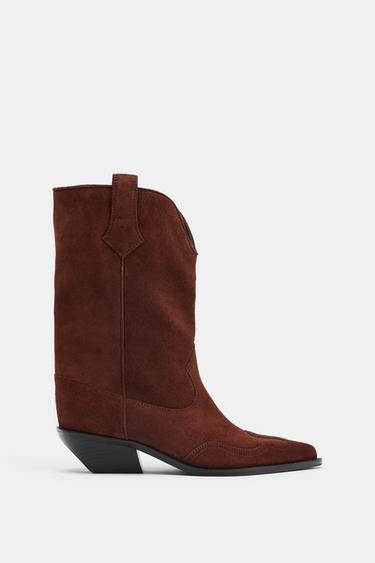 SPLIT SUEDE COWBOY ANKLE BOOTS - Chocolate Brown by Zara - Image 0