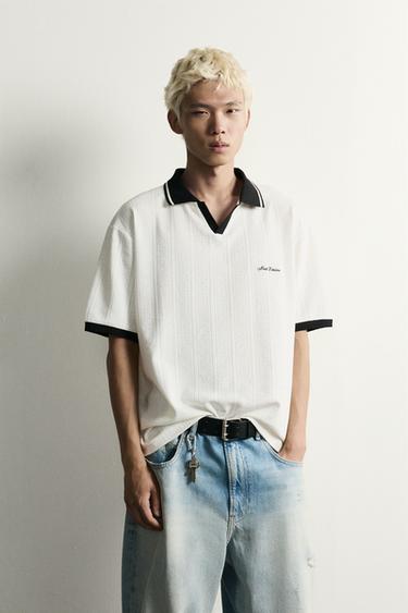 Zara RELAXED FIT TEXTURED EMBROIDERED POLO - Oyster-white