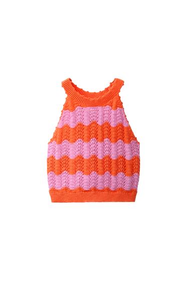 Zara STRIPED CROCHET KNIT TOP - Neon orange