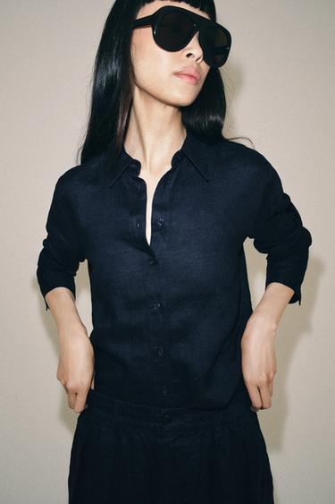 100% LINEN SHIRT ZW COLLECTION - Navy blue by Zara