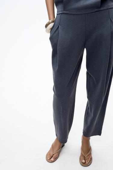 Zara WASHED PLEATED PANTS - Blue
