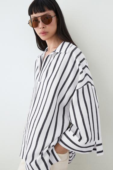 Camisa oversize rayas con lino - Blanco de Zara